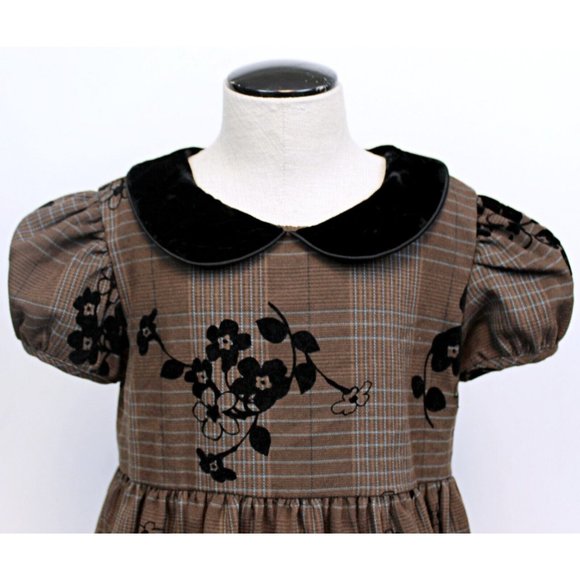 Laura Ashley London Girls Dress Brown Plaid Black Velvet Collar & Flowers Sz 6 - Picture 2 of 10